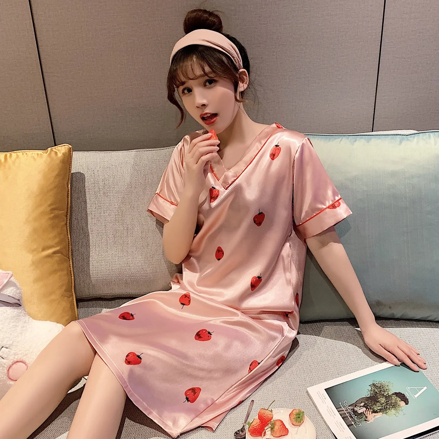 

Summer Silk night dress women Shirt Short Cute V-neck Satin Sleepwear Pjs M-5XL Ladies Nightgown Shirt Girl Outwear Nightdress