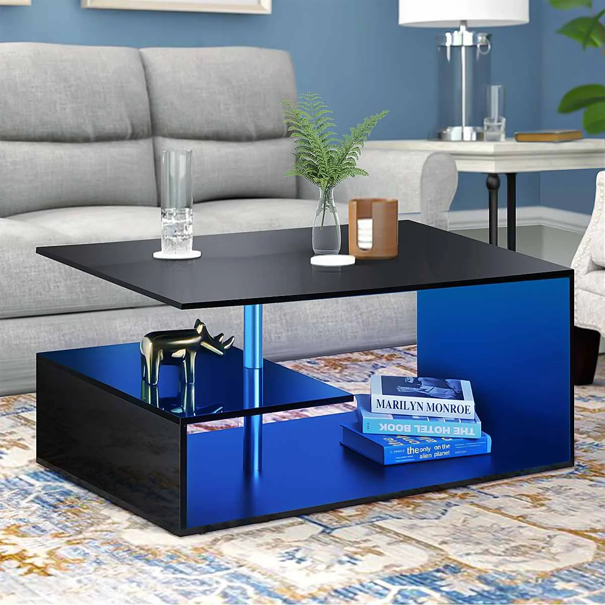 LED Coffee Table Modern High Gloss Tea Table with 3 Tier SShaped Open