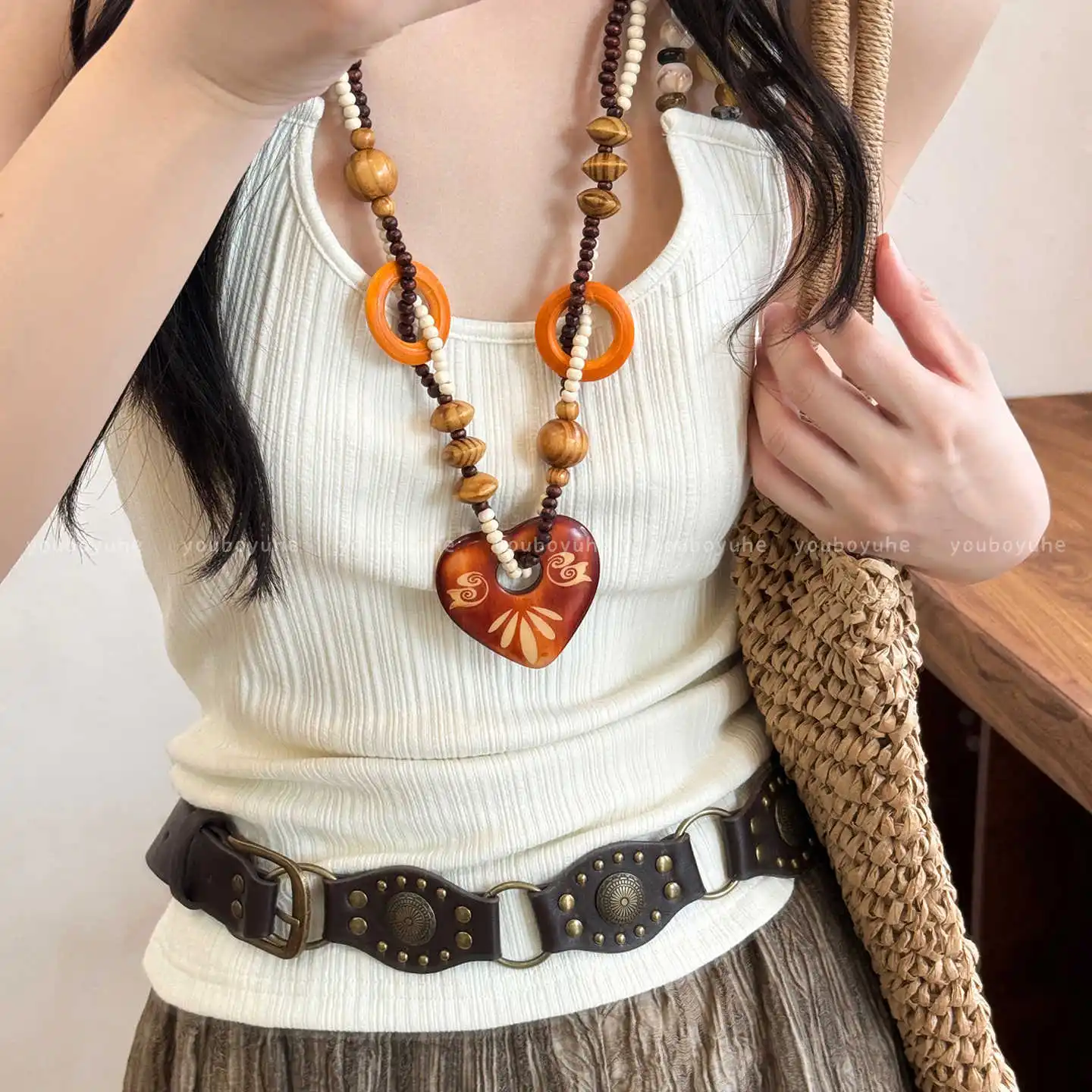 Collar Largo Con Colgante Elefante De Madera - Estilo Vintage, 80 Cm, Regalo Para Mujer