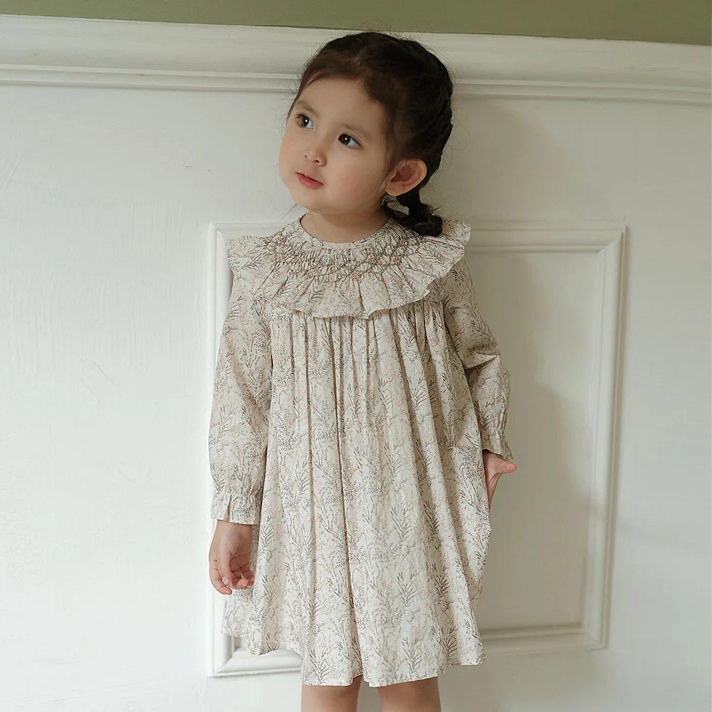 

kids girl dress baby clothes French pastoral style hand embroidered printed dress long sleeve dress