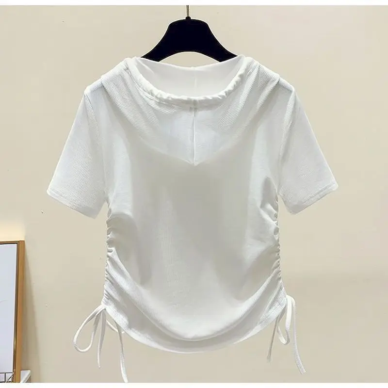 98% cotone T-Shirt donna irregolare cordoncino T-Shirt corta Casual con cappuccio manica corta top estate 2023 Trend Tshirt Y2k vestiti