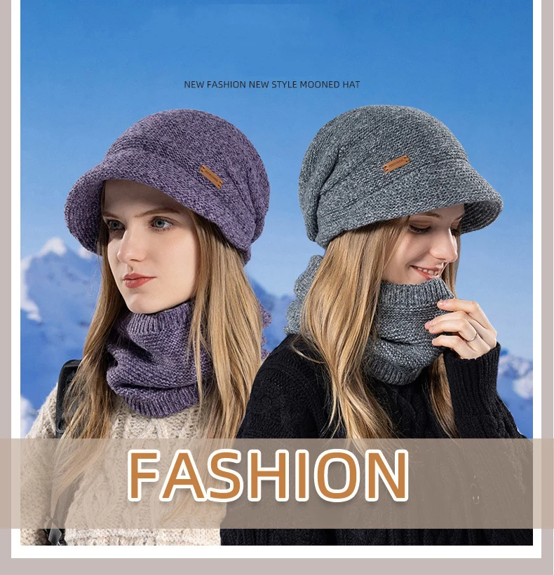 CHRLCK Bonnet Chapeaux Ensemble Femmes Chaud Tricoté Crâne Cap Cou Plus Chaud Épaissir Fourrure Doublé Dame Hiver Chapeau Masque Écharpe_voghion.com