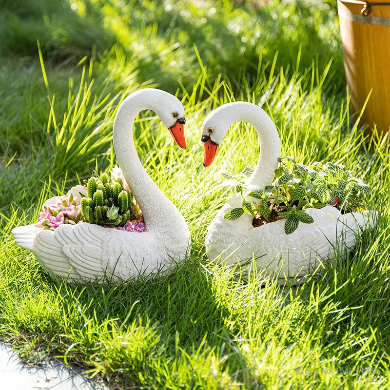 Creative Swan White Flower Pot, Animal Resin Crafts, Courtyard Balcony Garden Layout, Duck Decoration, Outdoor Decoration, 1Pc