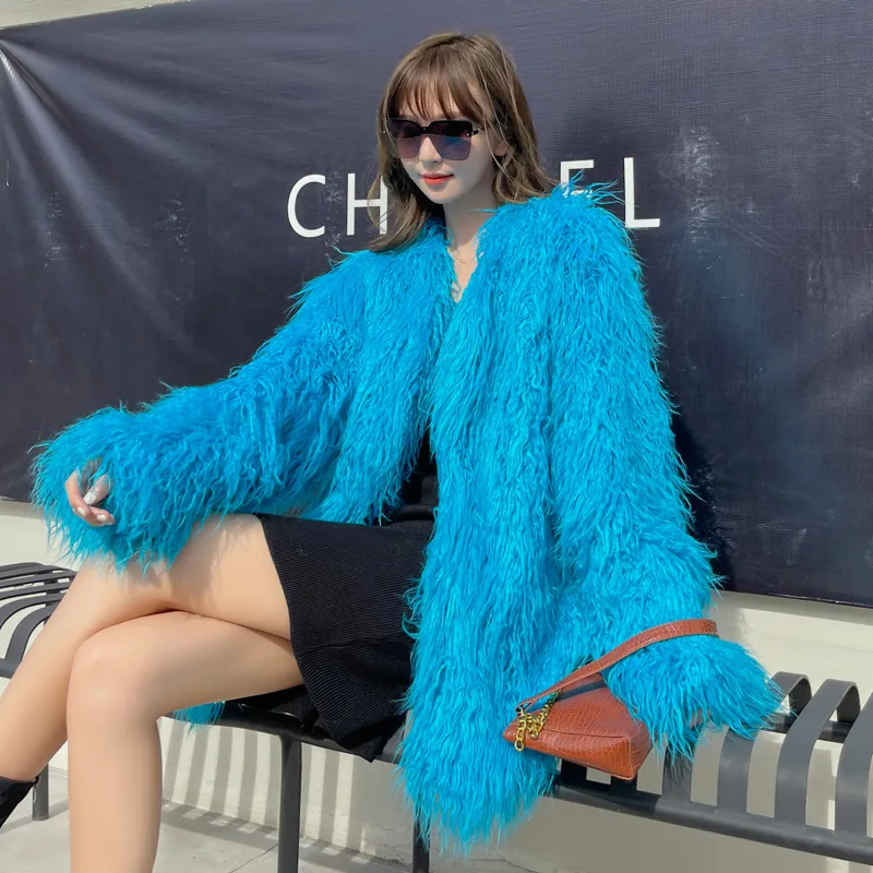 2023 Winter New Women Faux Fur Coat Imitated Tibet Sheep Fur Mid-Length V-neck Loose Outwear Temperament Casual Lamb Wool Coat