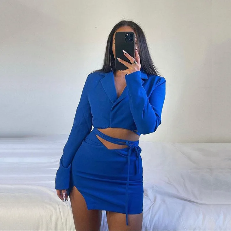 Fashion Women's Autumn New Style Small Suit Sexy Light Mature Cardigan Lace-up Blouse Split High Waist Short Skirt Suit Women