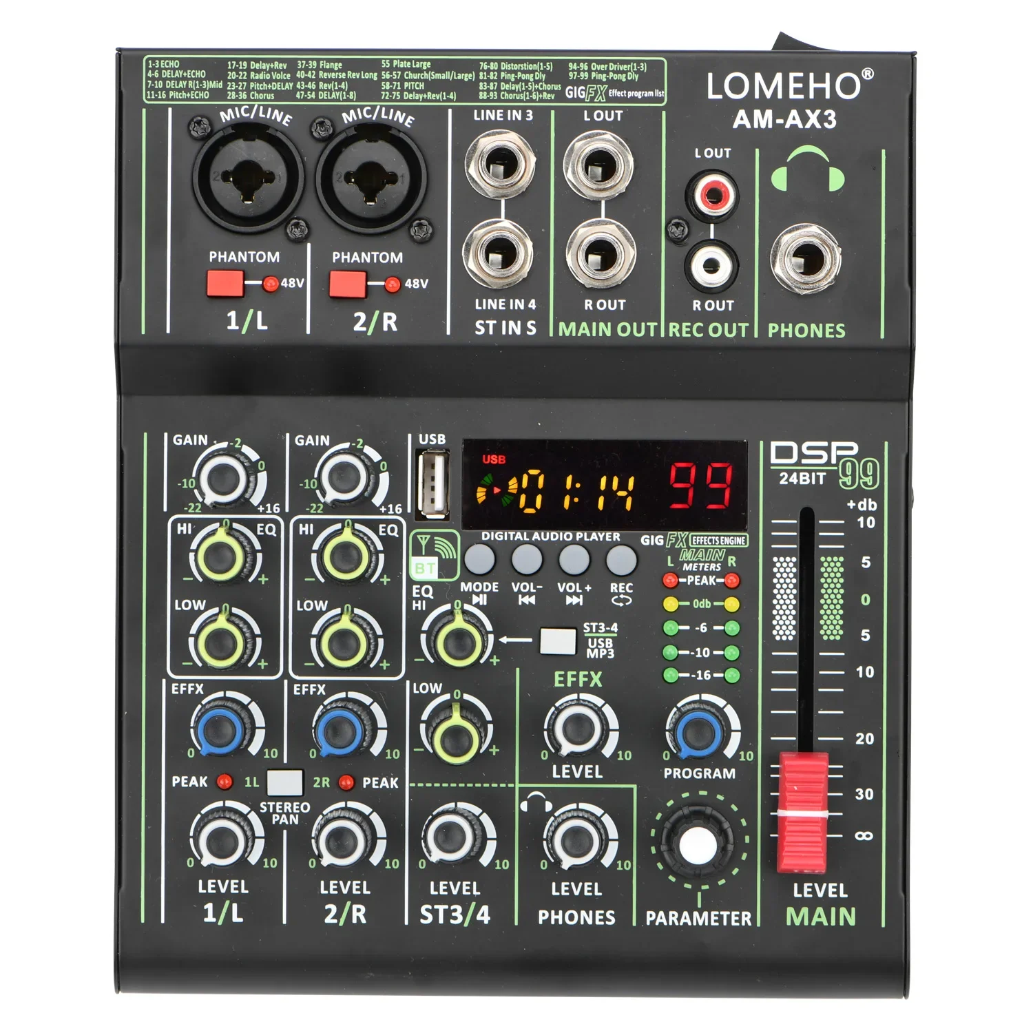 4 Channel Audio Mixer audio mixer Mini Portable Sound Mixing Console Bluetooth USB Play Record 99 DSP Effect 48V Dj Controller AM-AX3