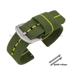 Woven Elastic Nylon Watch Band - Quick Release Military Sport Strap - 20mm (ArmyGreen - Yellow - SV)