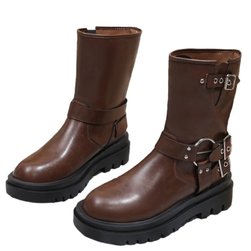 Women's Shoes 2023 Mid-Calf Women's Boots Versatile Modern Boots Women Solid Slip-on Round Toe Buckle Fretwork Heel Shoes Female