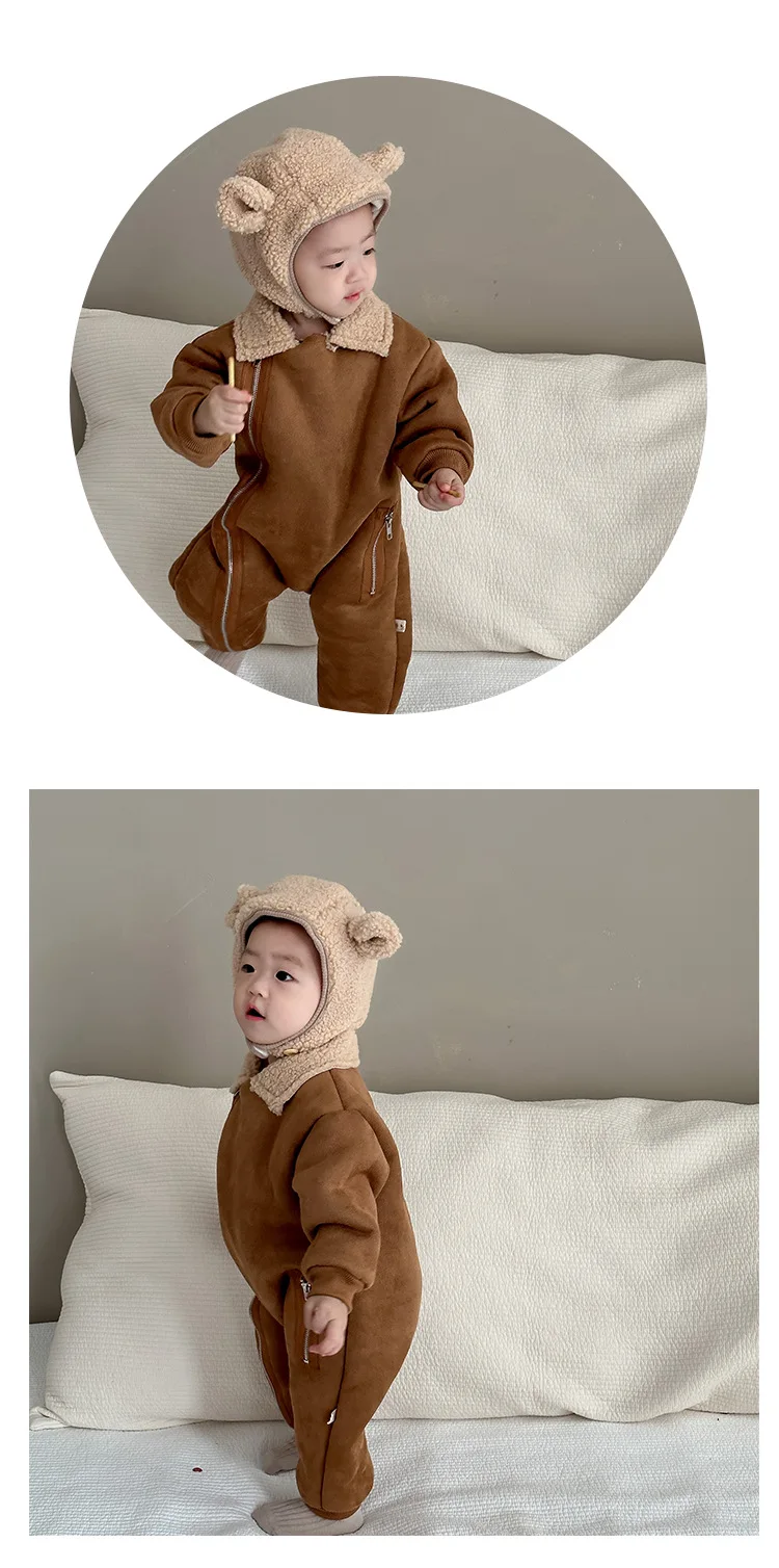 Description Picture 5 of itemWinter Baby Rompers Fur Lining Girls Jumpsuits Turn Down Colalr Boys Warm Outfit With Hat