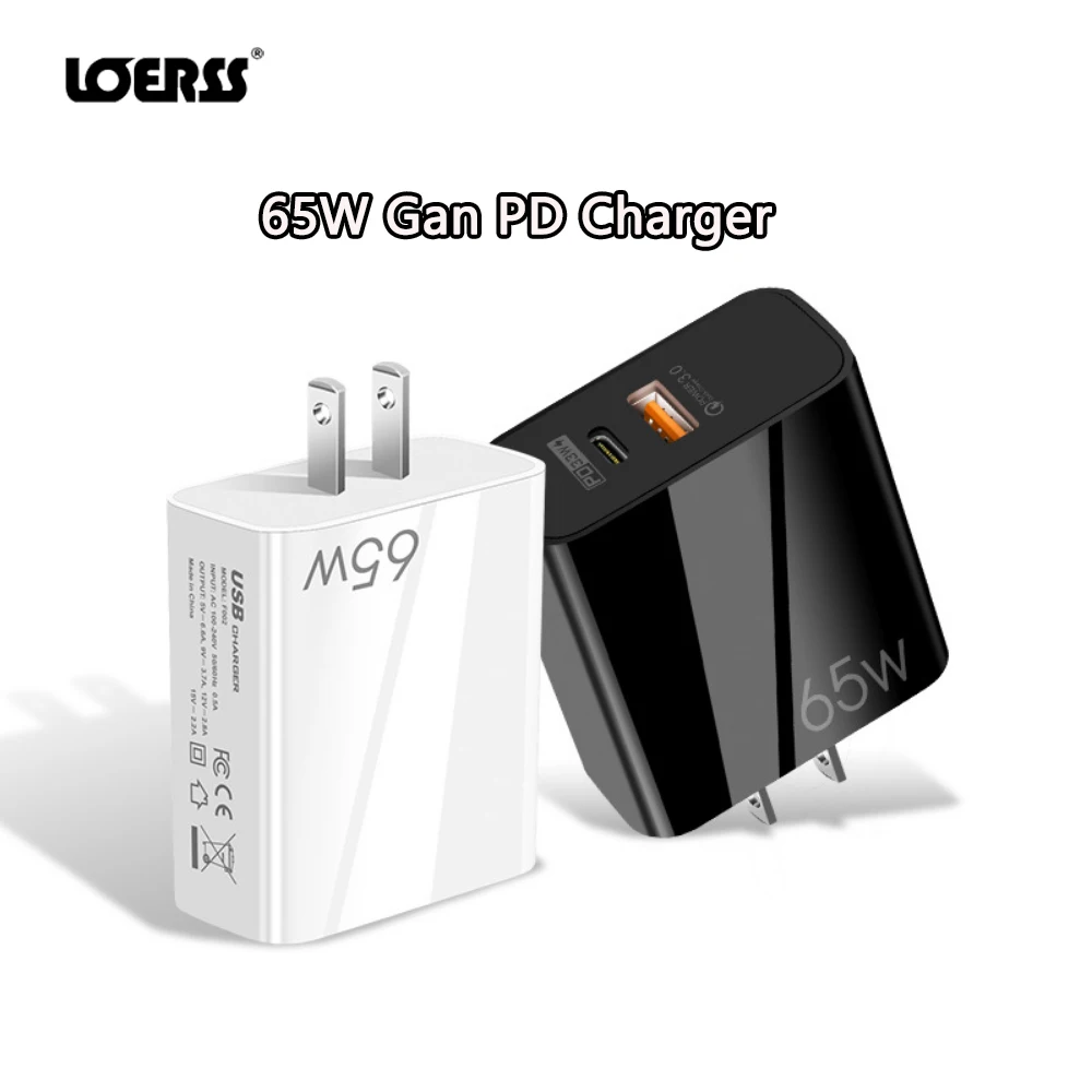 LOERSS 33W GaN Quick Charger 3.0 US EU UK Fast Dual Port PD USB Type C