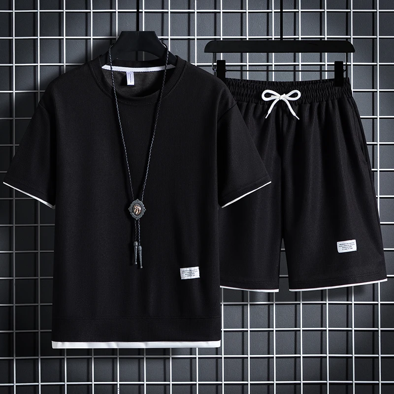 Summer Men's Waffle Sets Casual T-Shirt And Shorts Set Male Sports Suit Solid Color Tracksuit Loose Suits