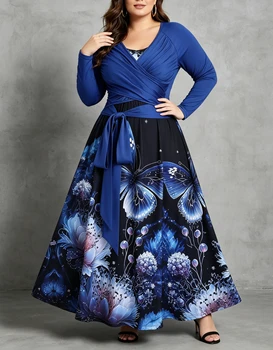 plus Size Women's Floral Print Long Dress 2-Piece Set with Long-Sleeve Top Elegant Outfit for Women