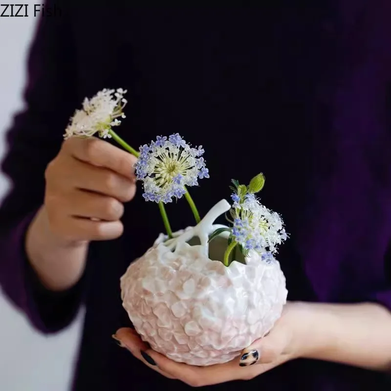 Flower Hydrangea Ceramic Vase Desk Decoration Flowers Arrangement Artificial Flower Decorative Floral Vases Room Aesthetic Decor 3