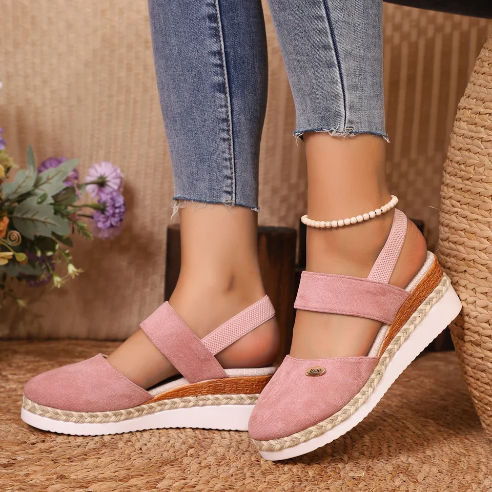Sandali con zeppa a punta chiusa da donna, scarpe gladiatore estive con cinturino e fibbia, espadrillas alla moda da donna, sandali con plateau da donna_voghion.com