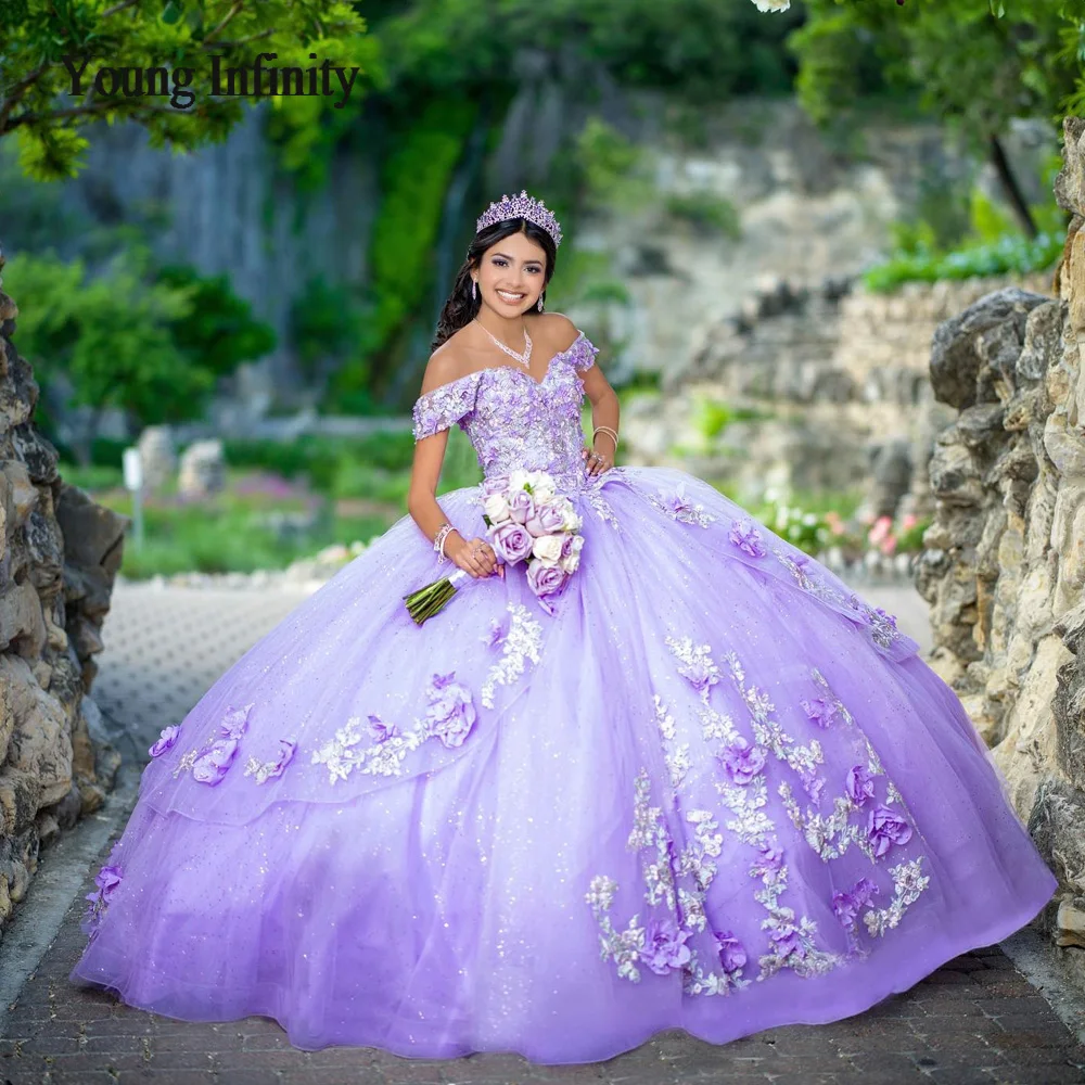 

New Off The Shoulder Quinceanera Dresses Purple Tulle Floor-length Ball Gown Sweet Lace Flower Vestido De Debutante Plus Size