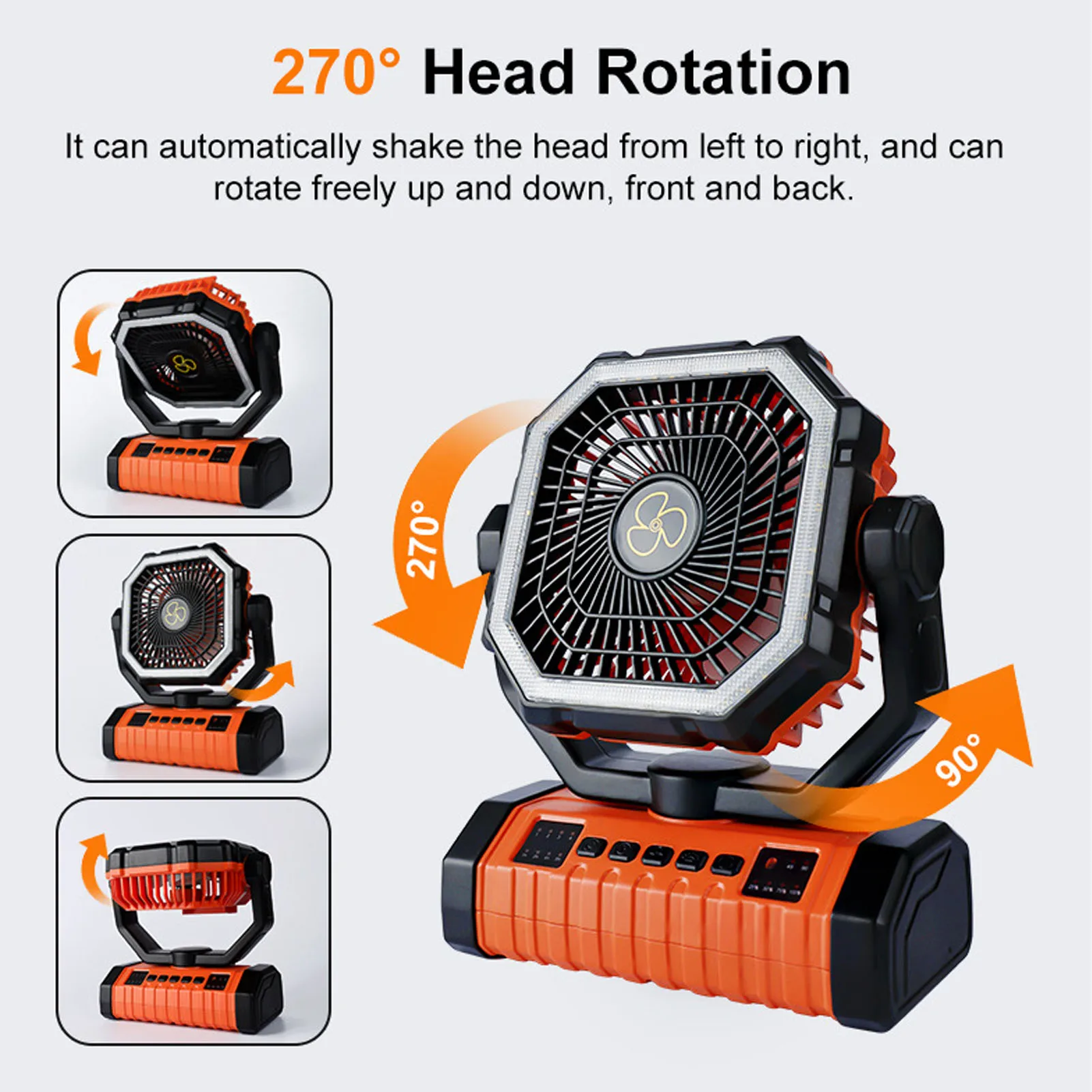 Battery Operated Powered Fan 20000mAh Rechargeable 360° Rotation Hook USB Outdoor Tent Fan with LED Light Outdoor Tent Fan