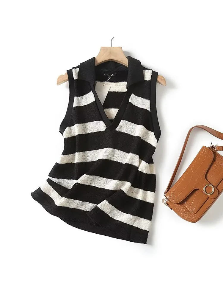 

Women 2023 Winter New Fashion Cropped Casual Striped POIO Collar Tank Tops Vintage Sleeveless Female Camis Chic Tops