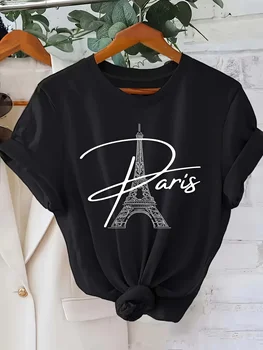 Women's Paris Eiffel Tower Graphic Print T-Shirt White Short Sleeve Crew Neck Casual Top Breathable Summer Aesthetic Clothes 1