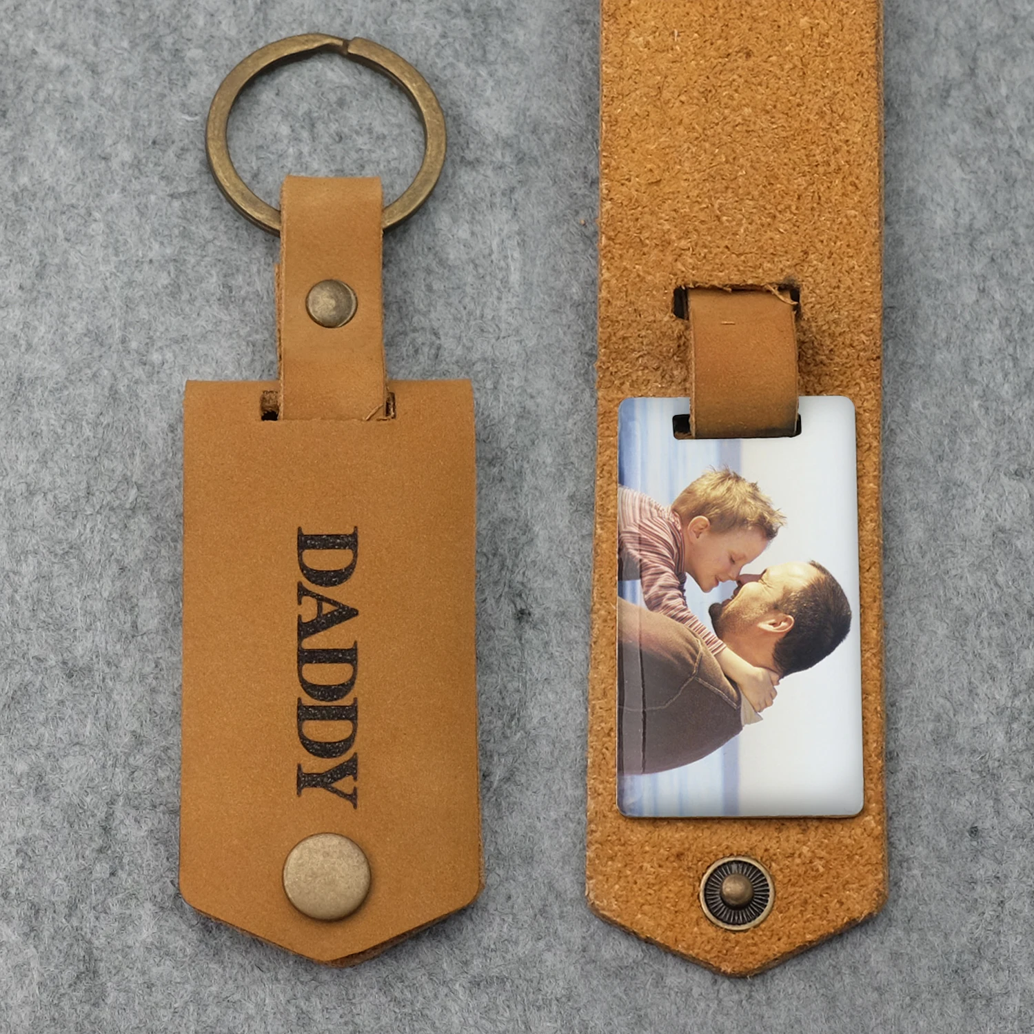 

Personalised Dad Photo Keyring Leather Photo Keychain Father's Day Daddy Gift Picture Keyring Engraved Keychain Gift For Him