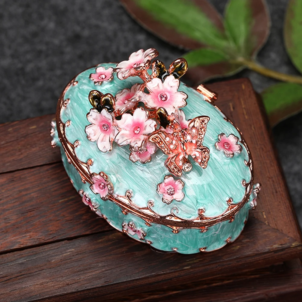 1pc Cherry Blossoms Trinket Box Vintage Flower Enamel Jewelry Storage Case Handmade Creative Gift Makeup Container Accessories