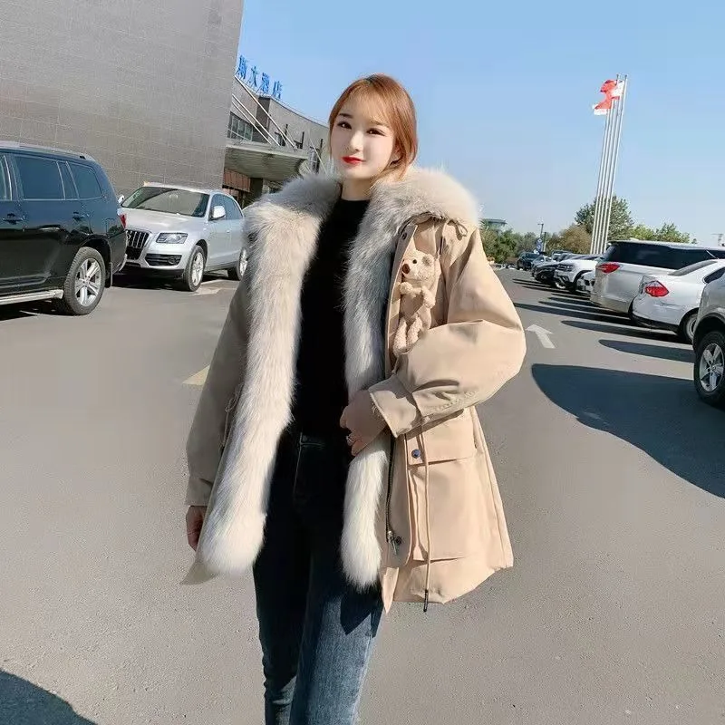 2023 New Women Imitation Fox Fur Liner Removable Parka Winter Mid-Length Thicken Warm Hooded Outwear Fashion Solid Color Outcoat
