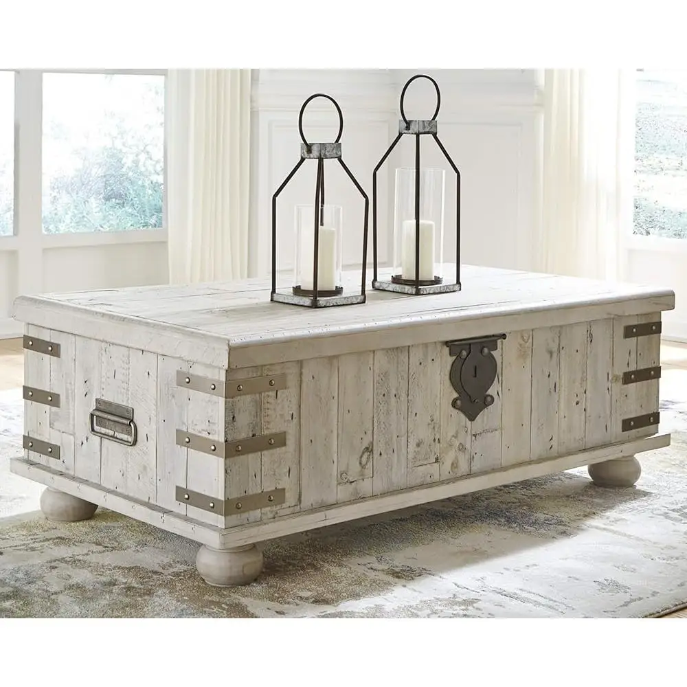 Reclaimed Solid Pine Coffee Table Distressed Finish Whitewash 2 Handles Metal Accents Residential Use Durable Design 350 lbs 3