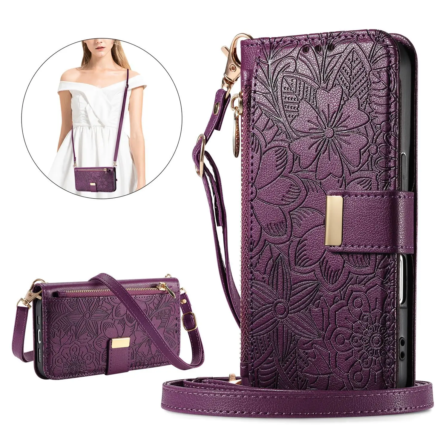 Luxury Leather Crossbody Wallet Case with Zipper and Lanyard - Multi-Card Wristlet Flip Cover