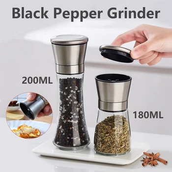 Black Pepper Grinder with Stainless Steel Mill Manual Spice Glass Salt and Pepper Grinder Machine for Household Powder Machine