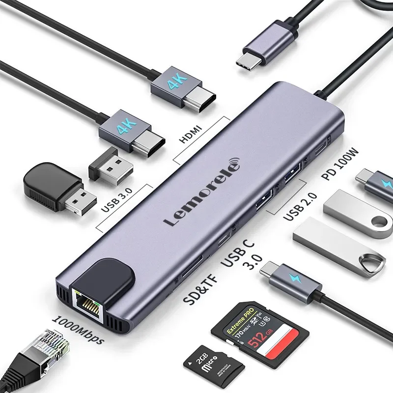 

11 in 1 USB C4K Type C USB adapter port 100W PD RJ45 480Mpbs SD TF slot for Windows fast USB cable gender USB