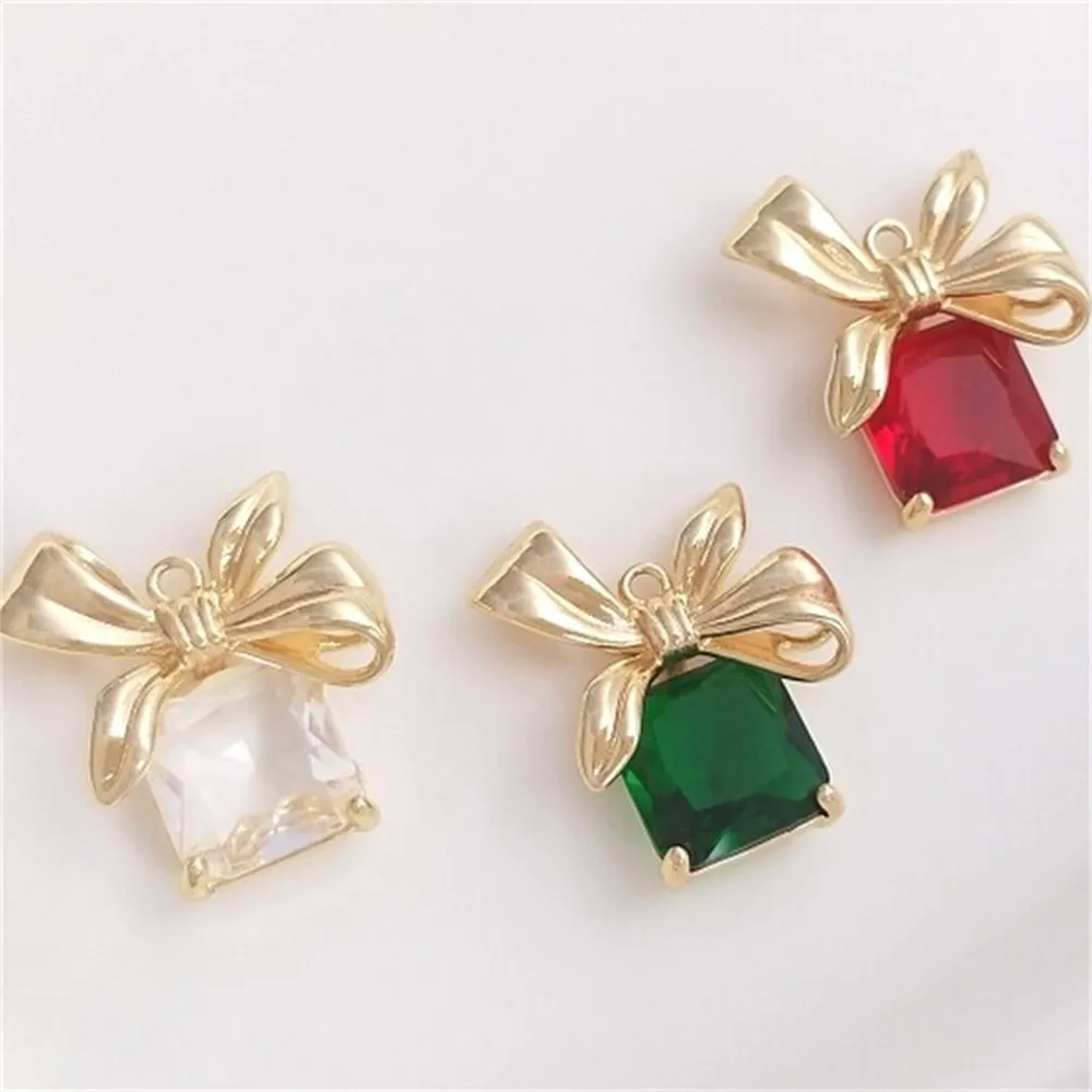 14K Gold Inlaid Square Zircon Bow Gift Box Pendant DIY Necklace Bracelet Earrings Ornament Charms Pendant K490