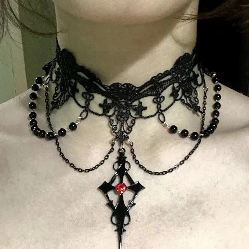 Gothic Red Cross Pendant Necklace - Distressed Vintage Finish with Dark Aesthetic, Minimalist Collarbone Chain for Edgy Fashion