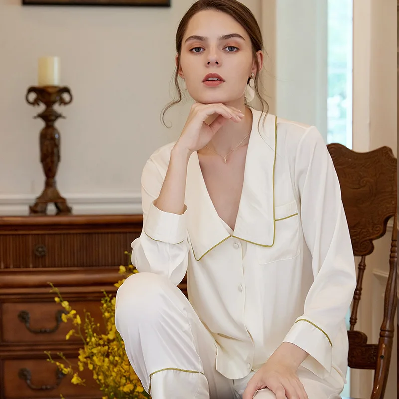 SXTHAENOO Solid Color Women's Long Sleeve Pants Sleepwear Two Piece Pajamas Set Lounge Lapel Nightwear Sets Button Nightwear