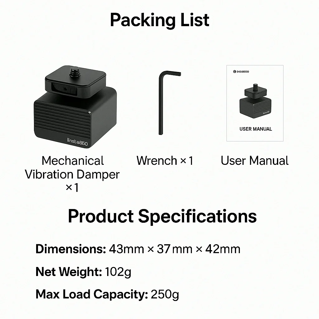 Pack complet de l'amortisseur de vibrations mécanique pour Insta360 ONE X4, X3, RS, R avec accessoires inclus.