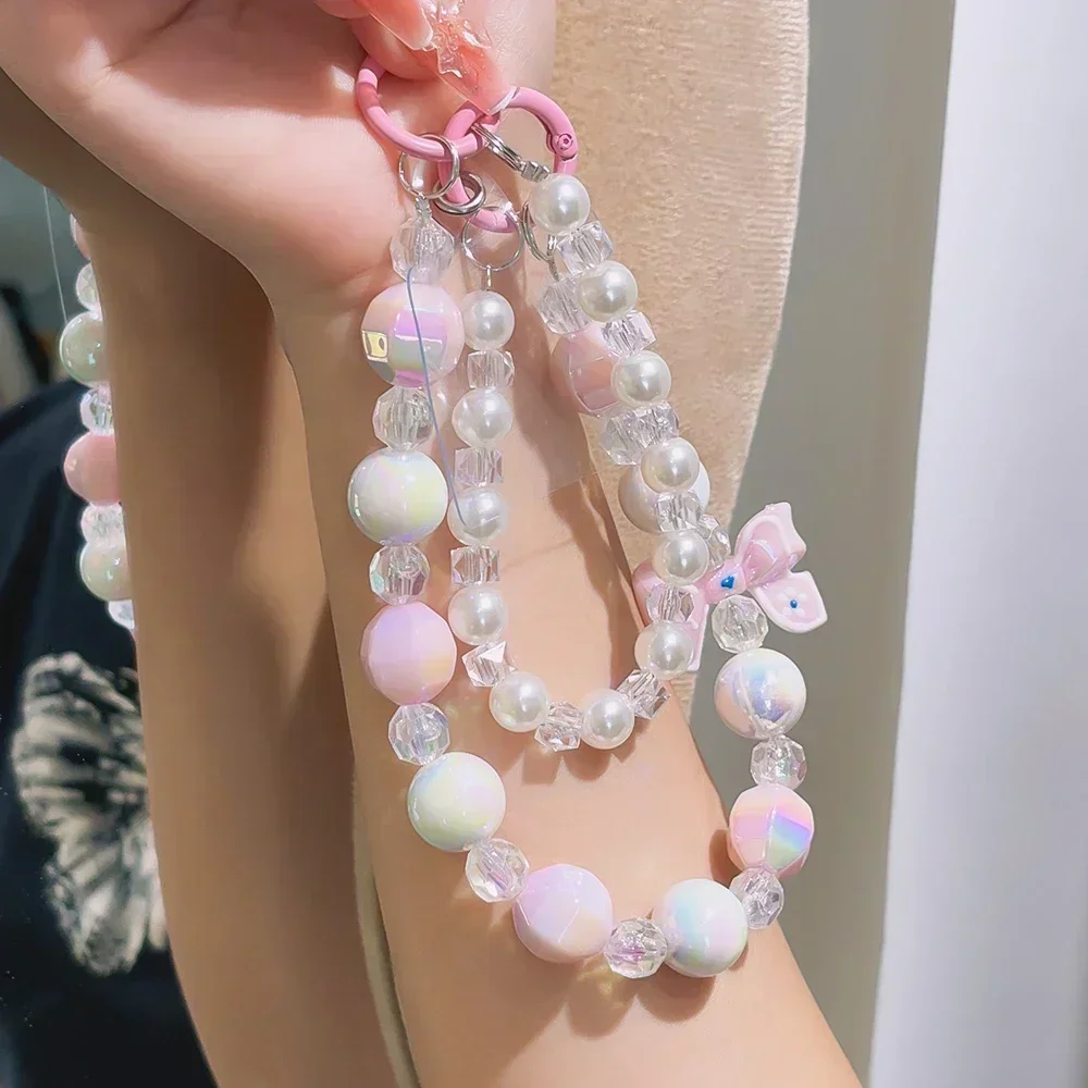 Anti-lost Phone Lanyard Strap Y2K Bow Beaded Phone Chain Charm Wrist Straps For iPhone Samsung Universal Accessories DIY Pendant