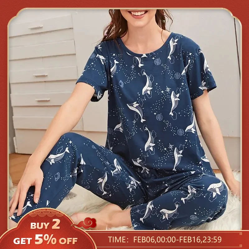 Set Pigiama Da Donna Soft Comfy Pj Set Top A Maniche Corte E Pantaloni Lunghi Pigiama Blu Scuro Cute Dolphin Print Sleepwear Con Maschera Per Gli Occh