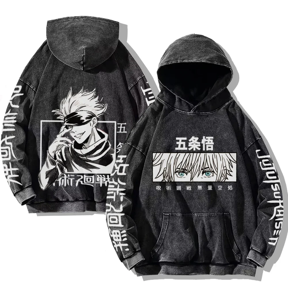 

Anime Hoodies de grandes dimensões, Gojo Satoru, Jujutsu Kaisen, Retro Lavado Hoodie, Casual Streetwear Top, Moletons Capuz