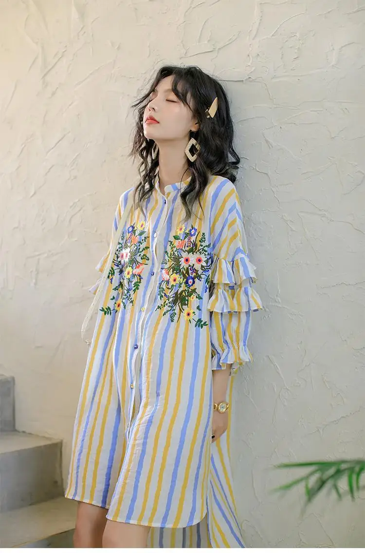 Women Chiffon Striped Ruffles Shirt Dress Summer Vintage Irregular