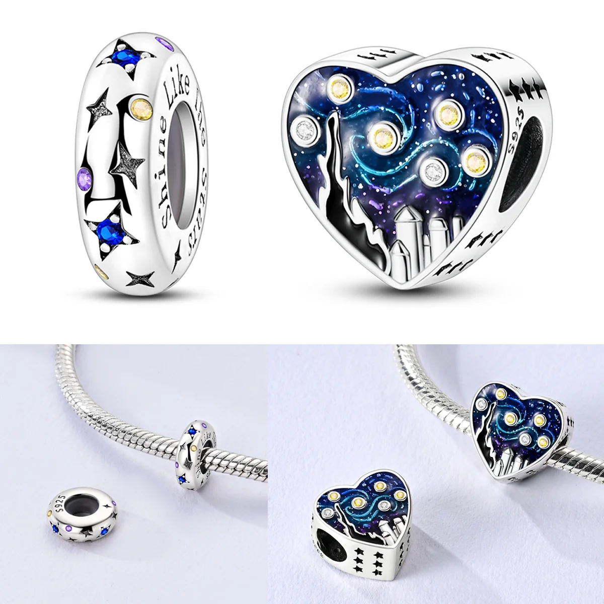 925 Sterling Silver Little Van Gogh Starry Sky Charms Bead CZ Zircon Shining Star Dangle Fit Original Bracelet DIY Women Jewelry