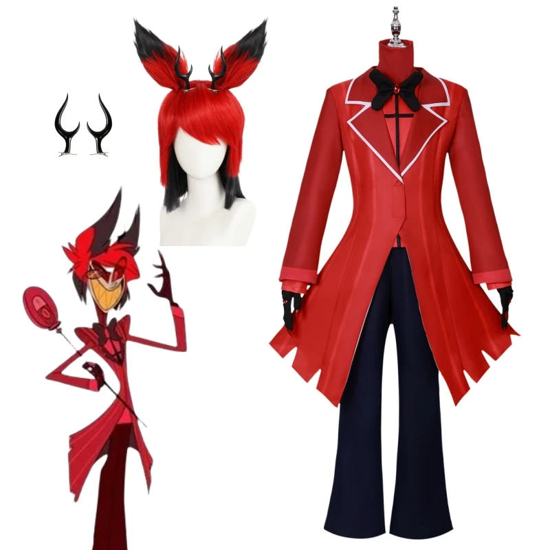 thumbnail image 1 of Uniforme de hotel Hazbin Cosplay ALASTOR Disfraz de Cosplay Conjunto completo Peluca Gafas Astas de ciervo Dentadura postiza Chaqueta Pantalones Uniforme de Halloween, 1 of 5
