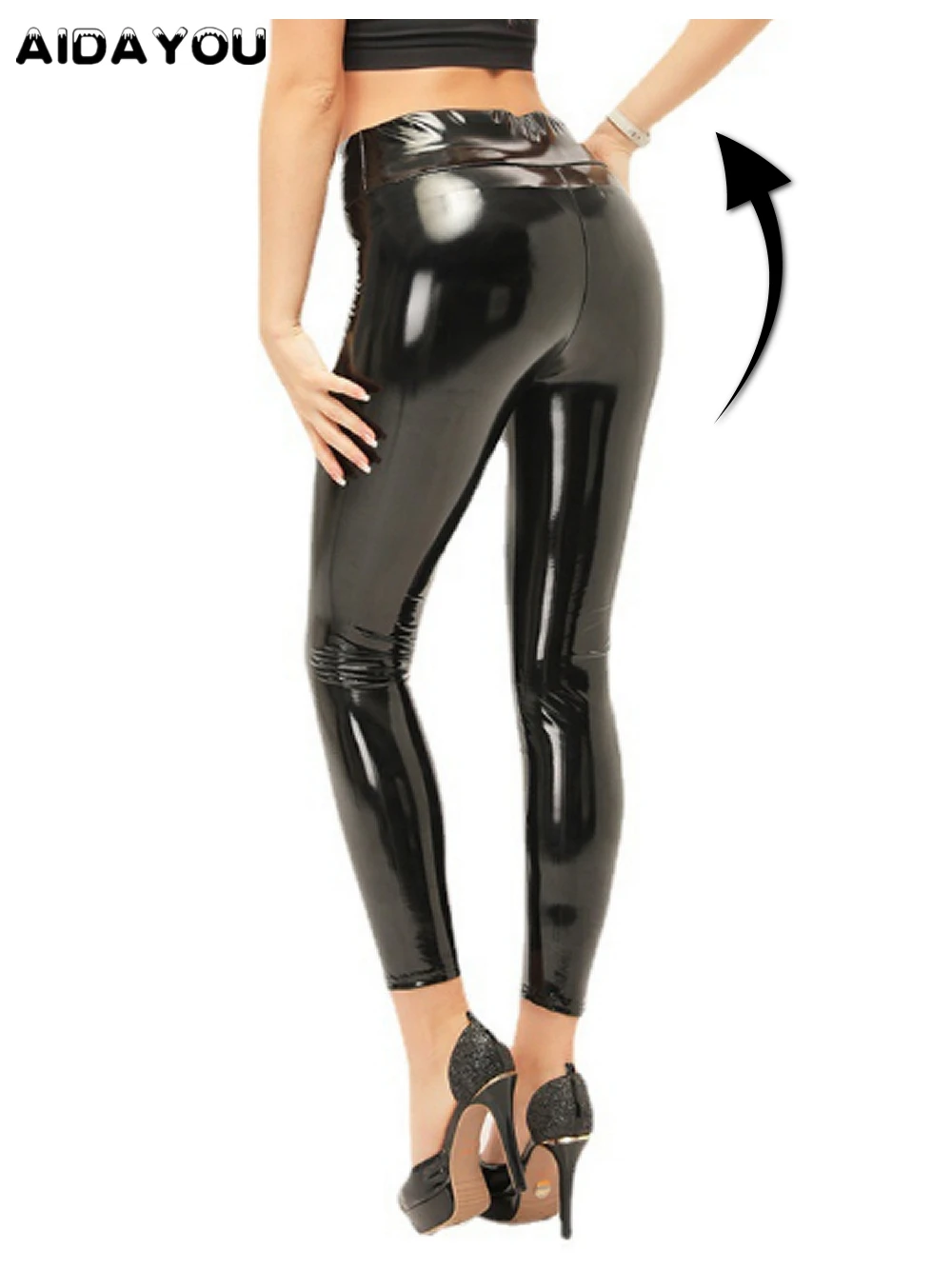 Damen Glänzende Kunstleder-Leggings Spiegelnde Hochtaillierte Lederähnliche Glanz-Leggings Petite Ultra-Glänzende Leggings – Detail 4