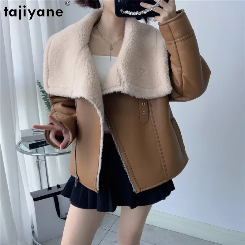 

Tajiyane 100% Wool Coats for Women 2023 Winter Fashion Sheep Shearing Jacket Standing Collar Motorcycle Fur Coats Abrigos Mujer