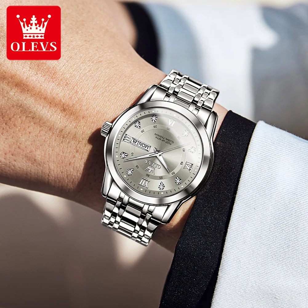 OLEVS 5513 Watch For Men Fashion Diamond Scale Original Waterproof Quartz Man Dress Wristwatch Dual Calendar Luxury Men Watches