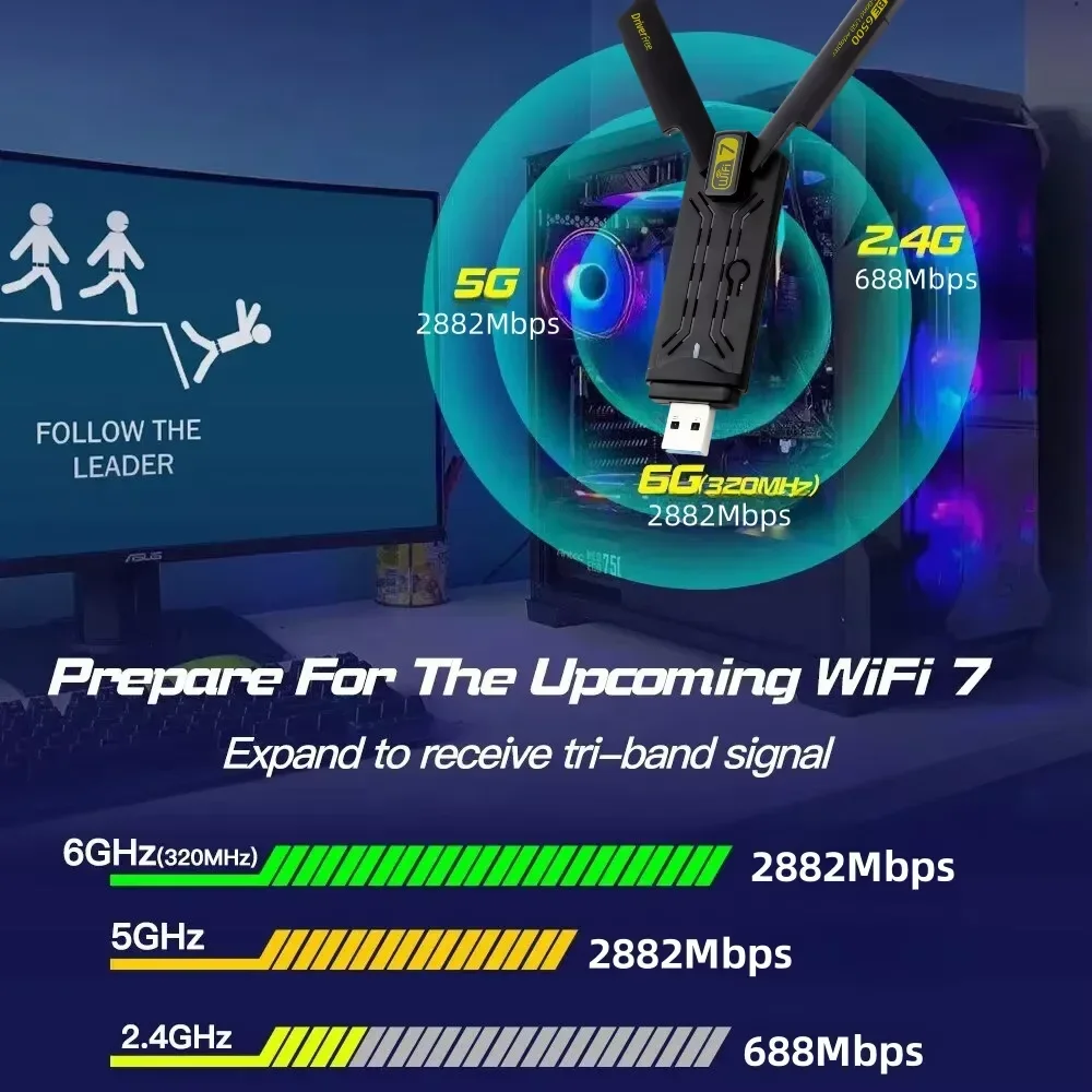 WiFi 7/6E USB 어댑터 BE6500 2.4G&5.8G&6GHz 트라이밴드 무선 네트워크 카드 6500Mbps 프리 드라이브 802.11BE 어댑터(Win10/11용)