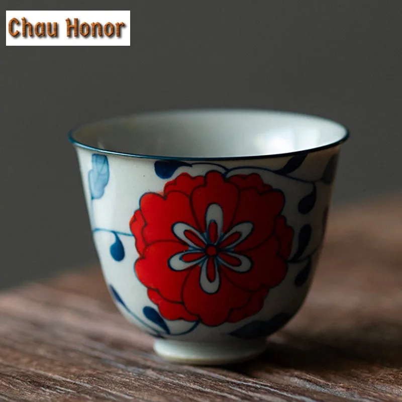 2pc/Set 45ml Pure Hand-painted Peony Flower Art Tea Cup Blue And White Small Ceramic Single Master Cup Household Kung Fu Teaware