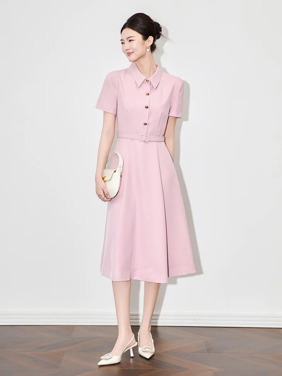 ZJYT Women Elegant Brief Style Turn down Collar Summer Midi Dress Short  Sleeve Solid Pink Black A-Line Casual Office Dress 2025 - AliExpress  200000345