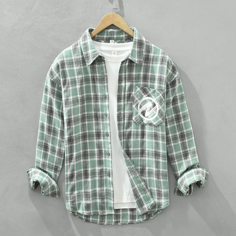 

Рубашка мужская клетчатая с отложным воротником, однобортная хлопковая повседневная одежда, весна 2023