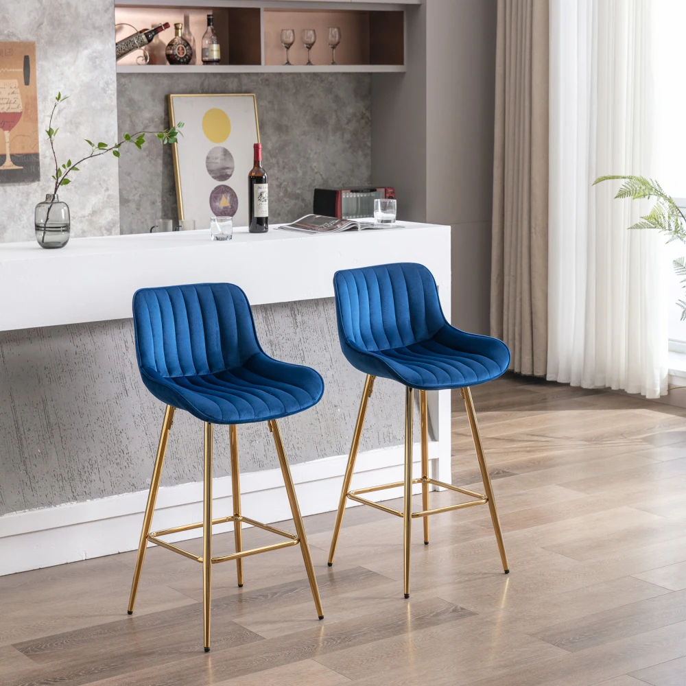 26 Inch Set of 2  Stools,with Steel Frame Footrest Velvet Fabric Golden Leg Simple  Stool,BLUE 5