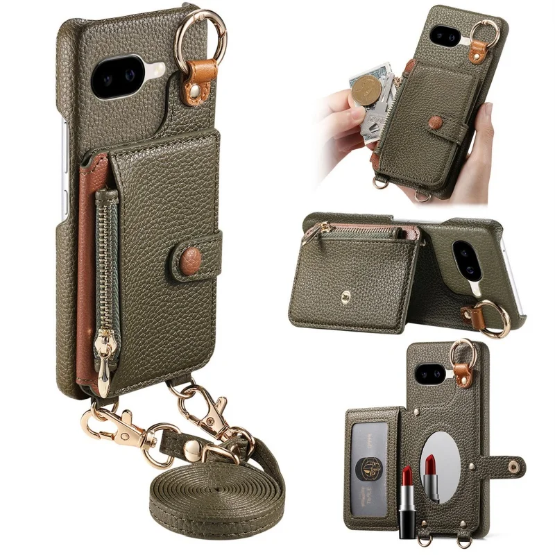Crossbody Lanyard Leather Wallet Phone Case with Zipper Card Slots Holder