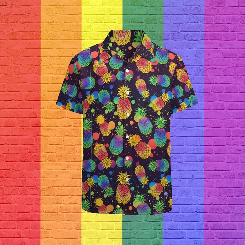 Rainbow Print Shirts Men Fashion Hawaiian Shirt Short-sleeved Harajuku Beach Lapel Buttons Blouse Men's Clothing Camisa 5