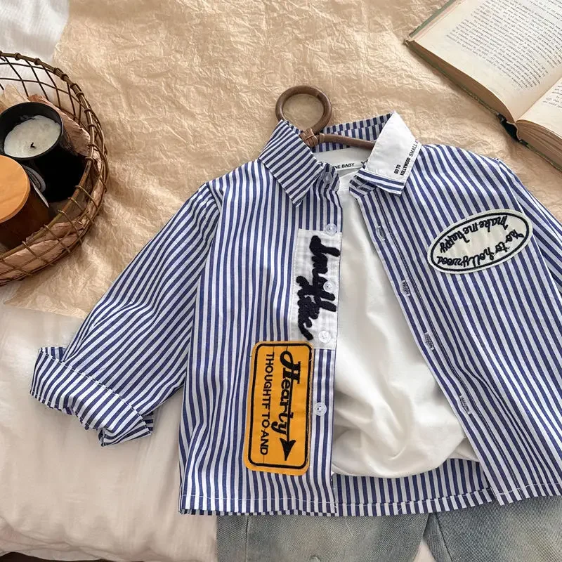 Korean Style Baby Boys Long Sleeve Shirt Striped Turn-down Collar Cotton Top for Autumn Street Fashion Thin Korean S